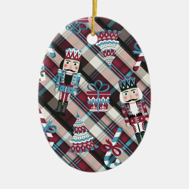 Christmas Nutcracker Plaid Blue Burgundy Ceramic Tree Decoration (Front)