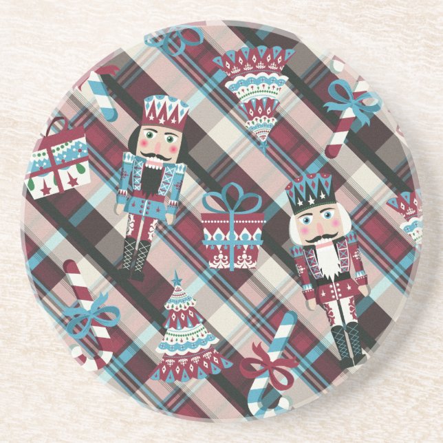 Christmas Nutcracker Plaid Blue Burgundy Coaster (Front)