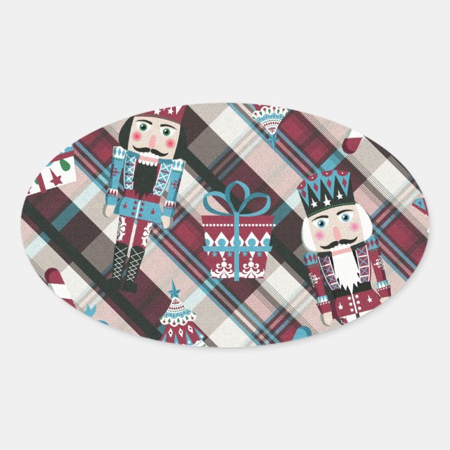 Christmas Nutcracker Plaid Blue Burgundy Oval Sticker (Front)