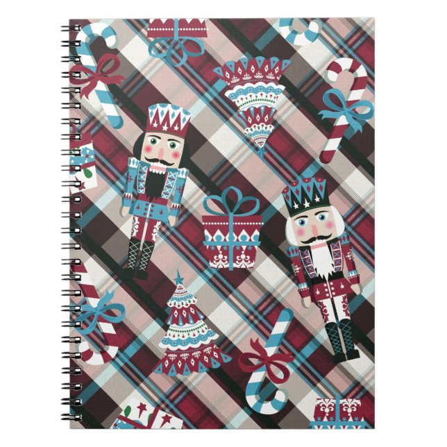 Christmas Nutcracker Plaid Blue Burgundy Spiral Notebook (Front)