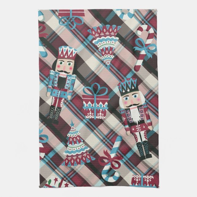 Christmas Nutcracker Plaid Blue Burgundy Tea Towel (Vertical)
