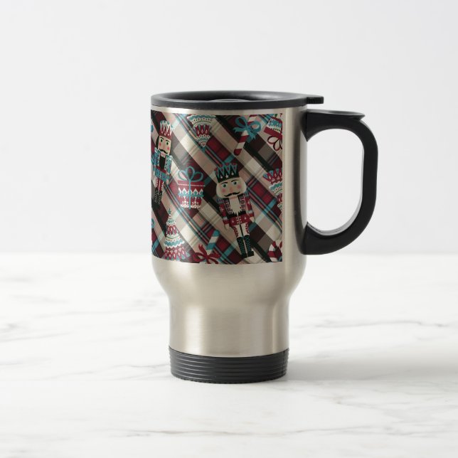Christmas Nutcracker Plaid Blue Burgundy Travel Mug (Right)