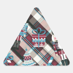 Christmas Nutcracker Plaid Blue Burgundy Triangle Sticker