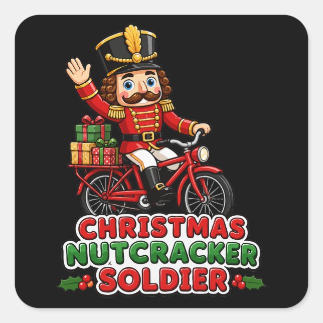 Christmas Nutcracker Soldier Riding Bike Square Sticker (Front)