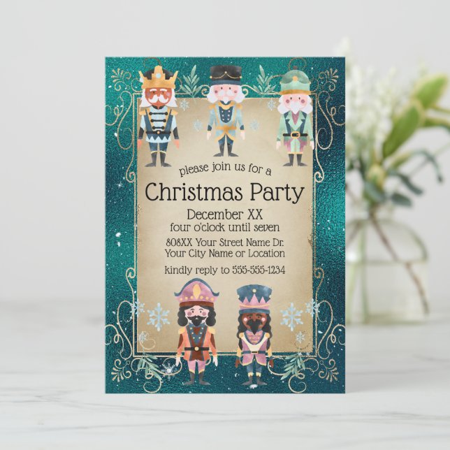 Christmas Nutcracker Toy Soldiers on Shiny Green Invitation (Standing Front)