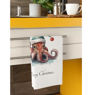Christmas Octopus, customisable Tea Towel