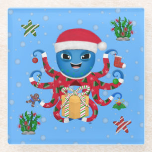 Christmas Octopus Glass Coaster