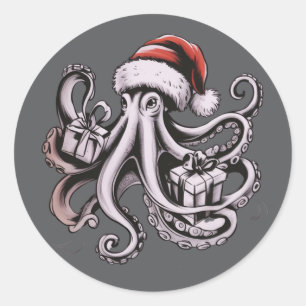 Christmas Octopus Holiday Santa Hat Xmas Classic Round Sticker