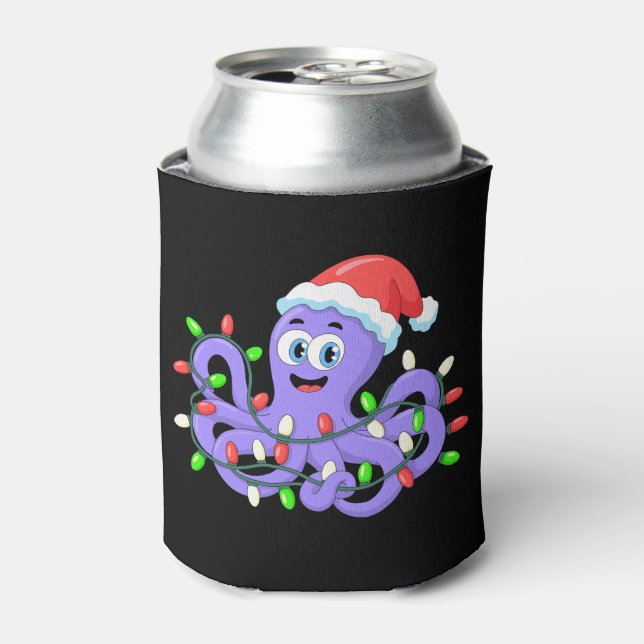 Christmas Octopus Santa Hat Lights Tentacles Xmas Can Cooler (Can Front)