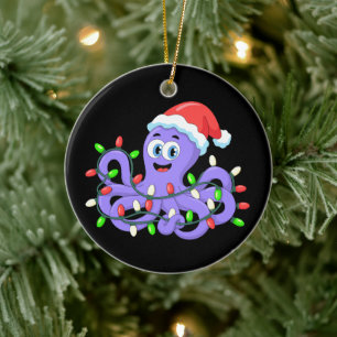 Christmas Octopus Santa Hat Lights Tentacles Xmas Ceramic Tree Decoration