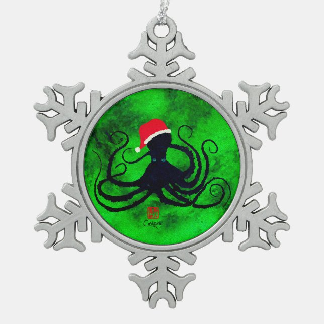 Christmas Octopus Snowflake Pewter Christmas Ornament (Front)