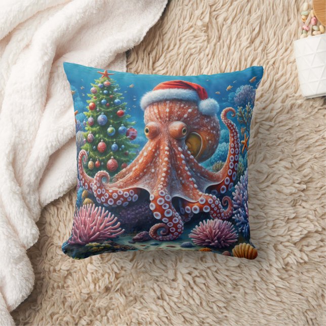 Christmas Octopus Wearing a Santa Hat Cushion (Blanket)