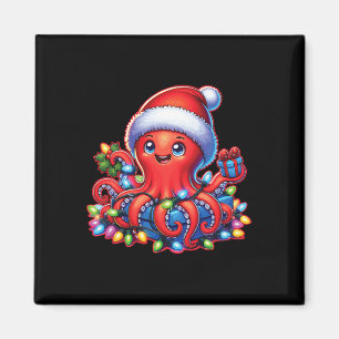 Christmas Octopus With Santa Hat And Holiday Light Magnet