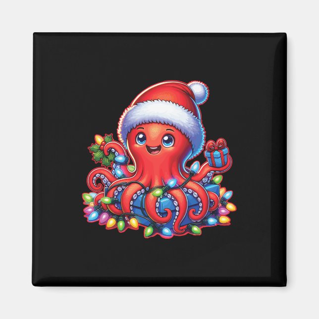 Christmas Octopus With Santa Hat And Holiday Light Magnet (Front)