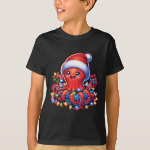 Christmas Octopus With Santa Hat And Holiday Light T-Shirt
