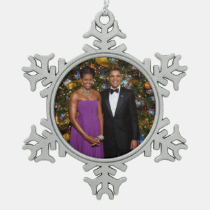 Christmas of President Barack Obama and Michelle Snowflake Pewter Christmas Ornament