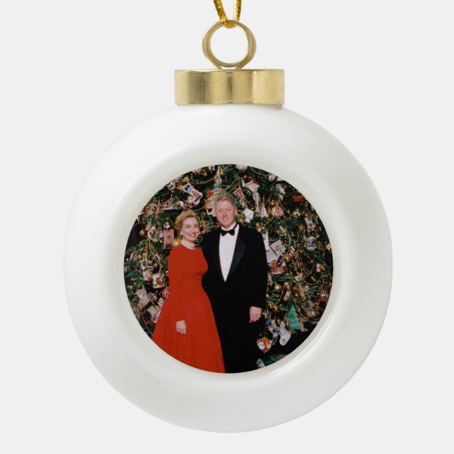 Christmas of US President Bill Clinton & Hillary  Ceramic Ball Christmas Ornament (Front)