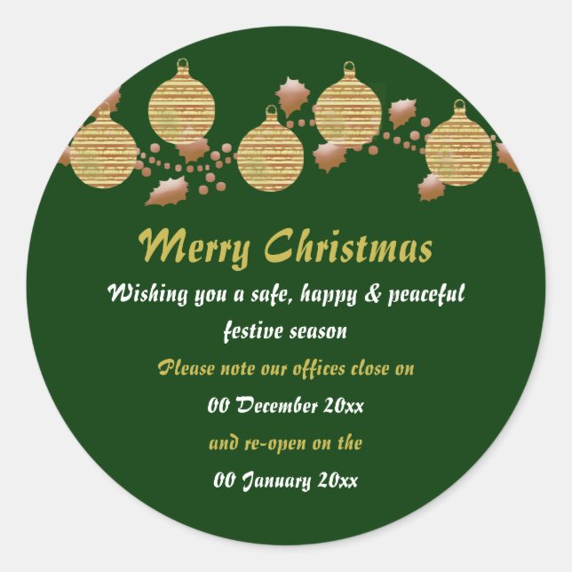Christmas office premises closed from to peace classic round sticker (Front)