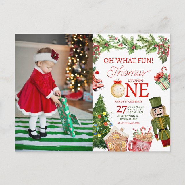 Christmas Oh What Fun First Birthday Postcard (Front)