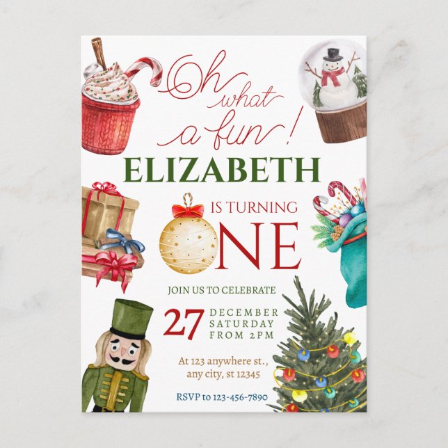 Christmas Oh What Fun First Birthday Postcard (Front)