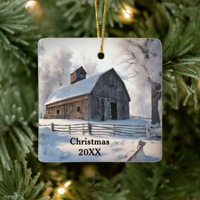 Christmas Old Barn In Snowflakes Ceramic Ornament (Tree)