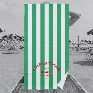 Christmas On The Beach Custom Green Cabana Stripe  Beach Towel