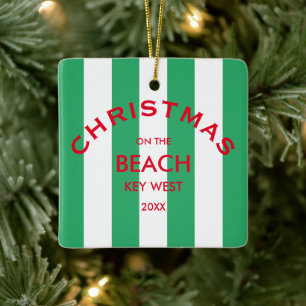 Christmas On The Beach Custom Green Cabana Stripe  Ceramic Ornament