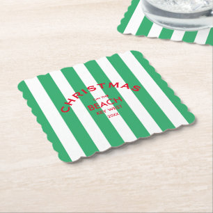 Christmas On The Beach Custom Green Cabana Stripe Paper Coaster
