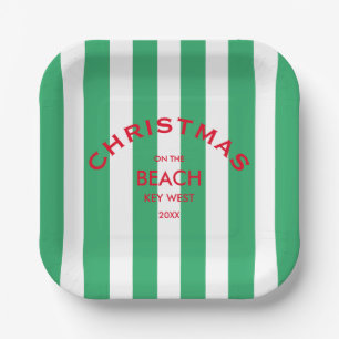 Christmas On The Beach Custom Green Cabana Stripe  Paper Plate