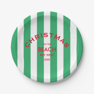 Christmas On The Beach Green Cabana Stripe Paper Plate