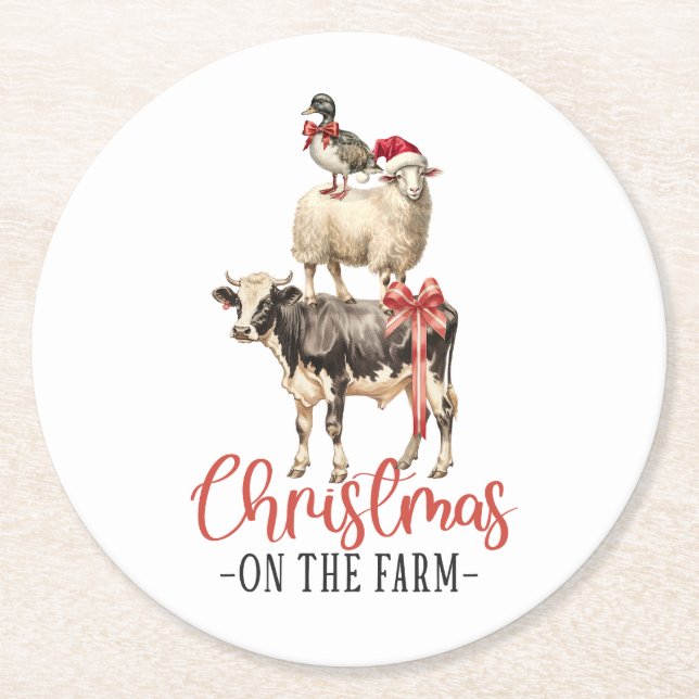 Christmas on the Farm Barnyard Animal Round Paper Coaster (Front)