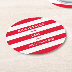 Christmas On The Lake Red Nautical Stripe Round Round Paper Coaster