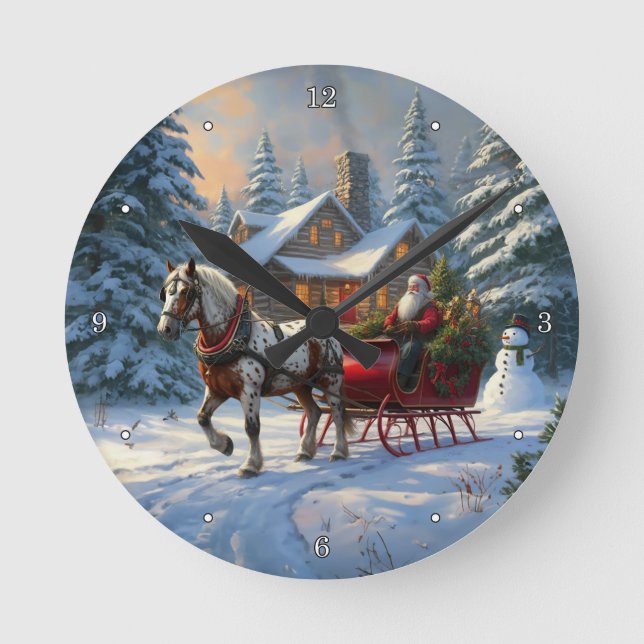 Christmas One-horse Sleigh Santa Round Clock (Front)