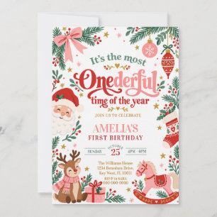 Christmas Onederful Red Pink First Birthday Invitation