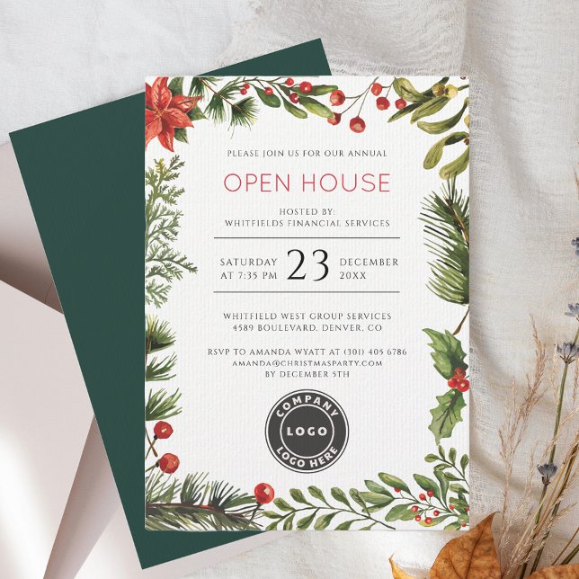 Christmas Open House Botanical Business Logo Invitation (Christmas Red Berries Business Logo Open House Invitation)
