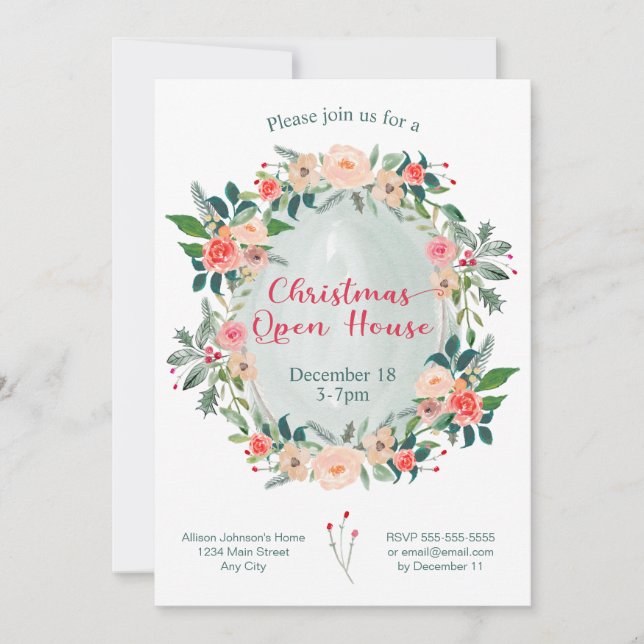 Christmas Open House Party Winter Floral Invitation (Front)