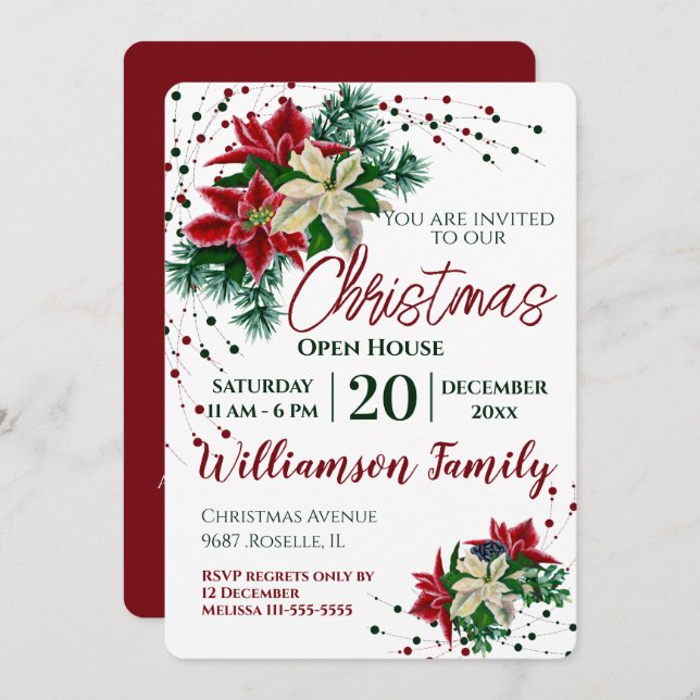 Christmas Open House Poinsettia Flower Invitation (Front/Back)