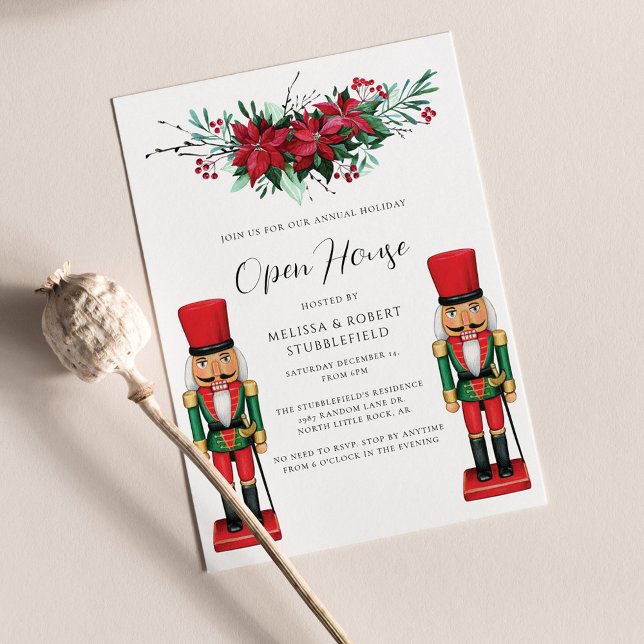 Christmas Open House Poinsettia Toy Nutcracker Invitation (Open House Botanical Christmas Party Invitation)