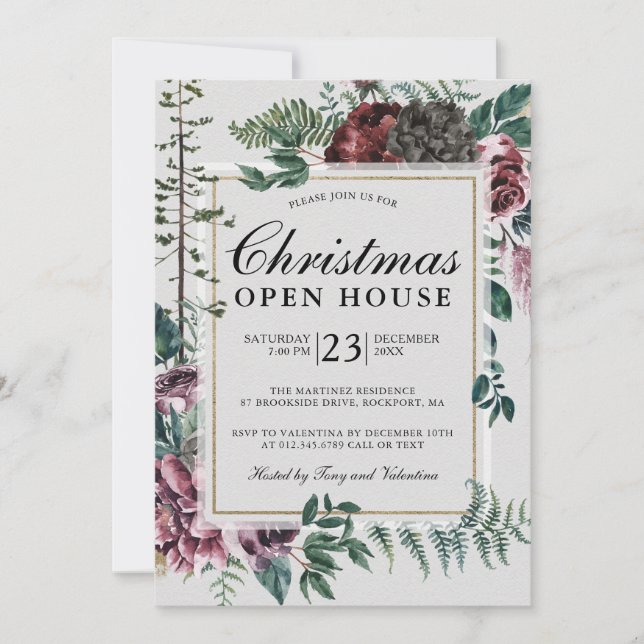 Christmas Open House Rustic Red Floral Invitation (Front)