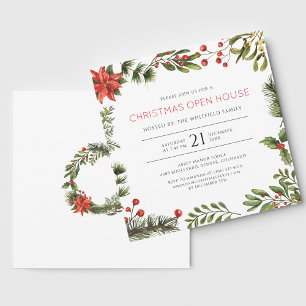Christmas Open House Watercolor Berries Holiday Invitation
