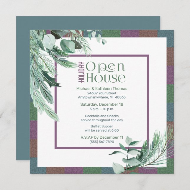 Christmas Open House Watercolor Foliage Modern Invitation (Front/Back)