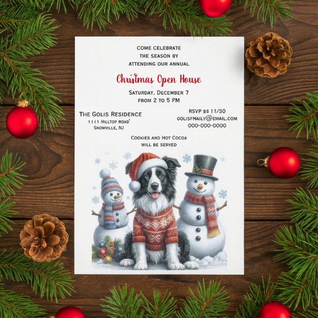 Christmas Open House with Border Collie & Snowman  Invitation (	Border Collie Christmas open house invitation with snowman friends)