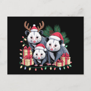 Christmas Opossum Santa Hat Antlers Xmas Lights Holiday Postcard