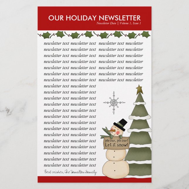 Christmas or Holiday Family Newsletter Template Stationery (Front)