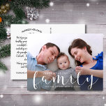 Christmas or New Years Happy Holiday Family Photo Postcard<br><div class="desc">Send out festive holiday greetings with this fun, heartfelt card featuring your large family photo, names and hand-lettered text that reads "Family". Leave the words above Peace . Love . Joy or change to your custom text. Modern and fun yet meaningful and classic, a perfect holiday card for Christmas or...</div>
