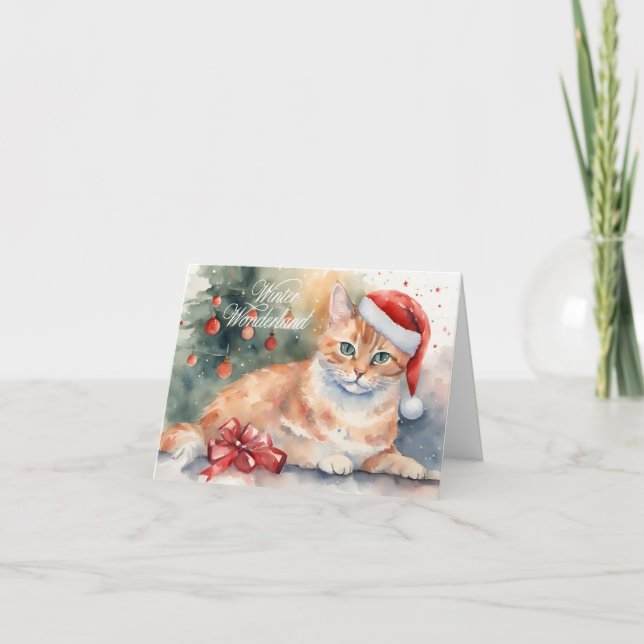 Christmas Orange Cat in Santa Hat Watercolor  Card (Front)
