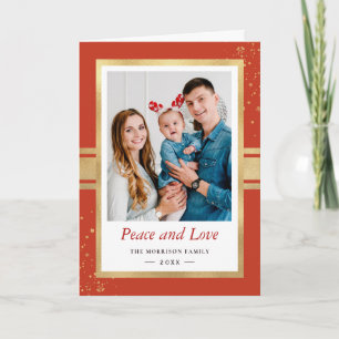 Christmas Orange Faux Gold Foil Peace Love Photo Holiday Card