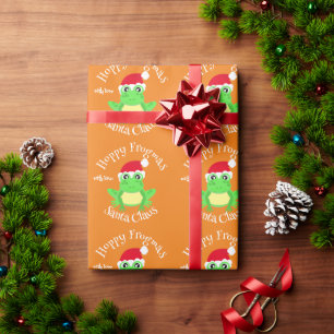 Christmas Orange Frog Santa Hat Novelty Name Wrapping Paper