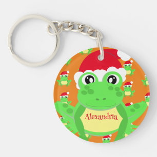 Christmas Orange Frog Santa Hat Pattern Novelty Key Ring