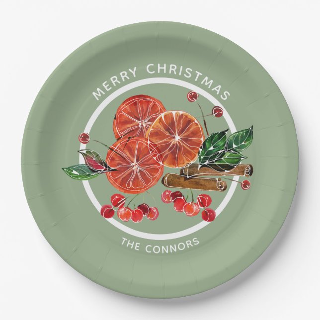 Christmas Orange Slices Cinnamon Sticks Berries Paper Plate (Front)